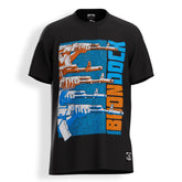 Front of the 'A OK' Supreme Premium Graphic Street Fashion T-shirt on a Black organic cotton top by Boondock Traders & Co. Streetwear, clothing and apparel brand, inspired by Anime and Manga Action Scnenes. Featuring stacked AK 47 guns pointing to the right. In a halftone, comic, manga and grafitti style. Visible Boondock Traders and Co Branding on the neck and outer woven label.